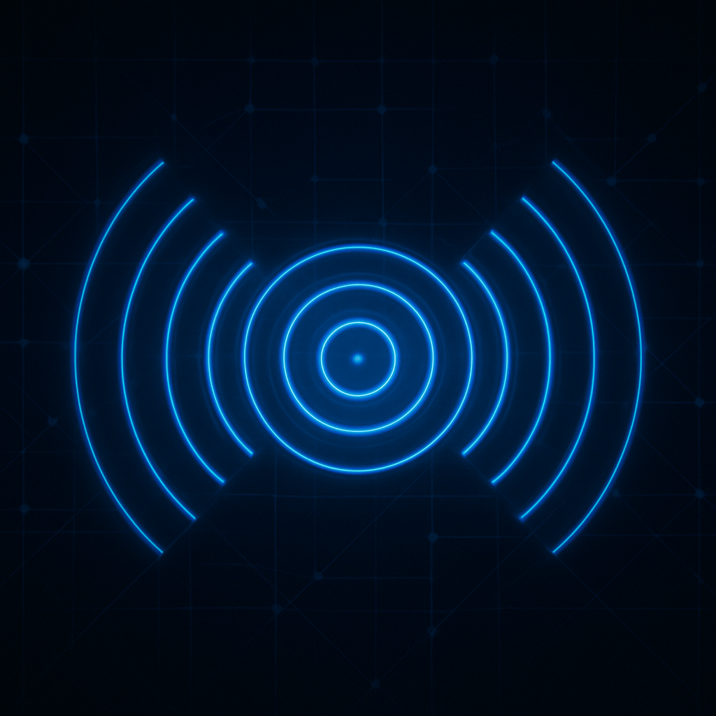 Abstract visualization of connected communication nodes and data flows representing AnalytiCall's platform network, dark blue tones with glowing connection lines