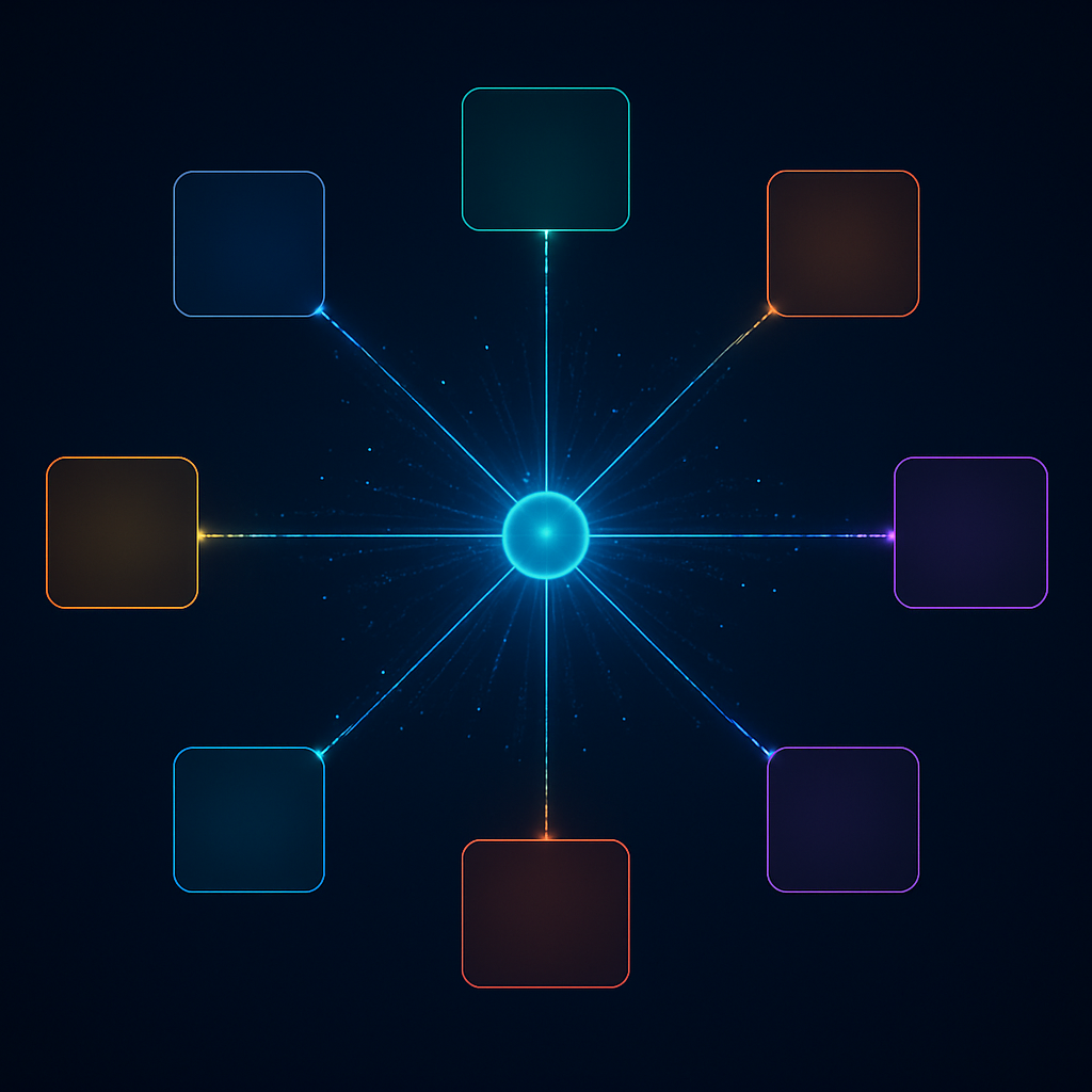 Abstract diagram showing AnalytiCall connecting to multiple CRM platforms via data integration channels — HubSpot, Salesforce, NetSuite and others — represented as glowing node connections on a dark background